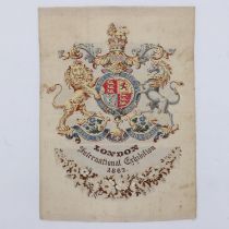 Silk Royal Coat of Arms for the London International Exhibition 1862, 19 x 14 cm. UK P&P Group 1 (£