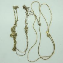 Three 9ct gold fine chains, 4.9g. UK P&P Group 1 (£16+VAT for the first lot and £2+VAT for