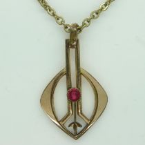 Edwardian rolled gold pendant necklace and chain set with red stone. UK P&P Group 0 (£6+VAT for