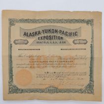 Stock certificate for a single share of the Alaska-Yukon-Pacific exposition, Seattle 1909. UK P&P