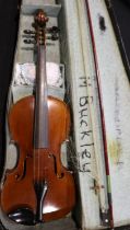 Cased two piece violin with bow, Trade Mark label to inner. UK P&P Group 3 (£30+VAT for the first