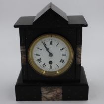 Slate mantel clock with marble inlay, H: 24 cm. UK P&P Group 3 (£30+VAT for the first lot and £8+VAT