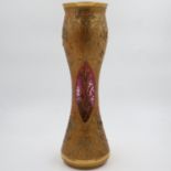 Large Bohemian cranberry glass vase with raised gilt decoration, no chips or cracks, H: 55cm. Not