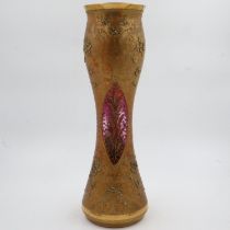 Large Bohemian cranberry glass vase with raised gilt decoration, no chips or cracks, H: 55cm. Not