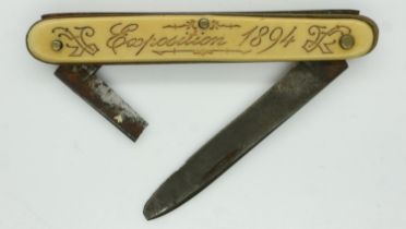 Souvenir twin blade penknife from the Ville De Lyon at the 1894 Exposition, one blade broken. UK P&P