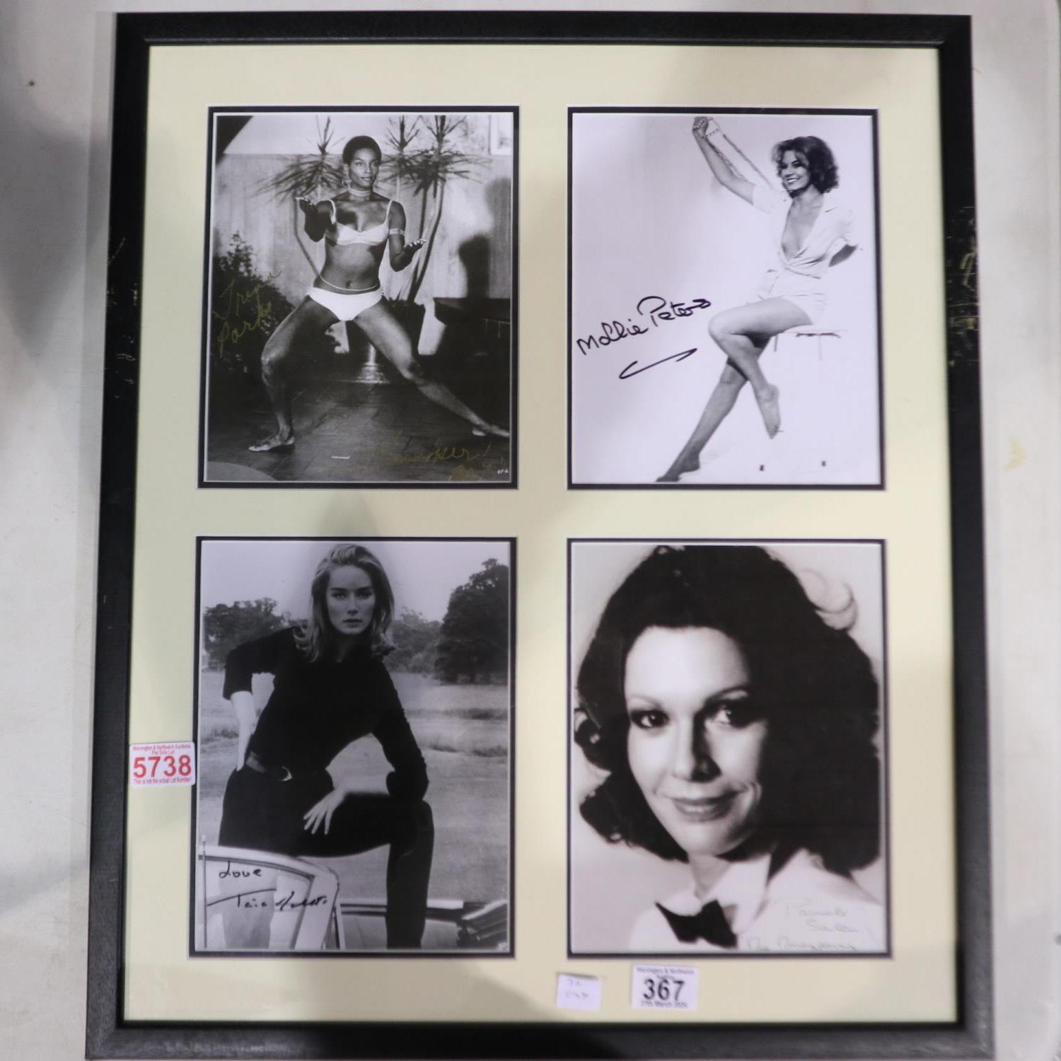 Four signed photographs of James Bond girls in frame with COA. Not available for in-house P&P