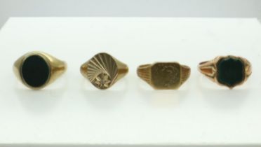 Four 9ct gold gents signet rings, combined weight 21.6g. UK P&P Group 1 (£16+VAT for the first lot