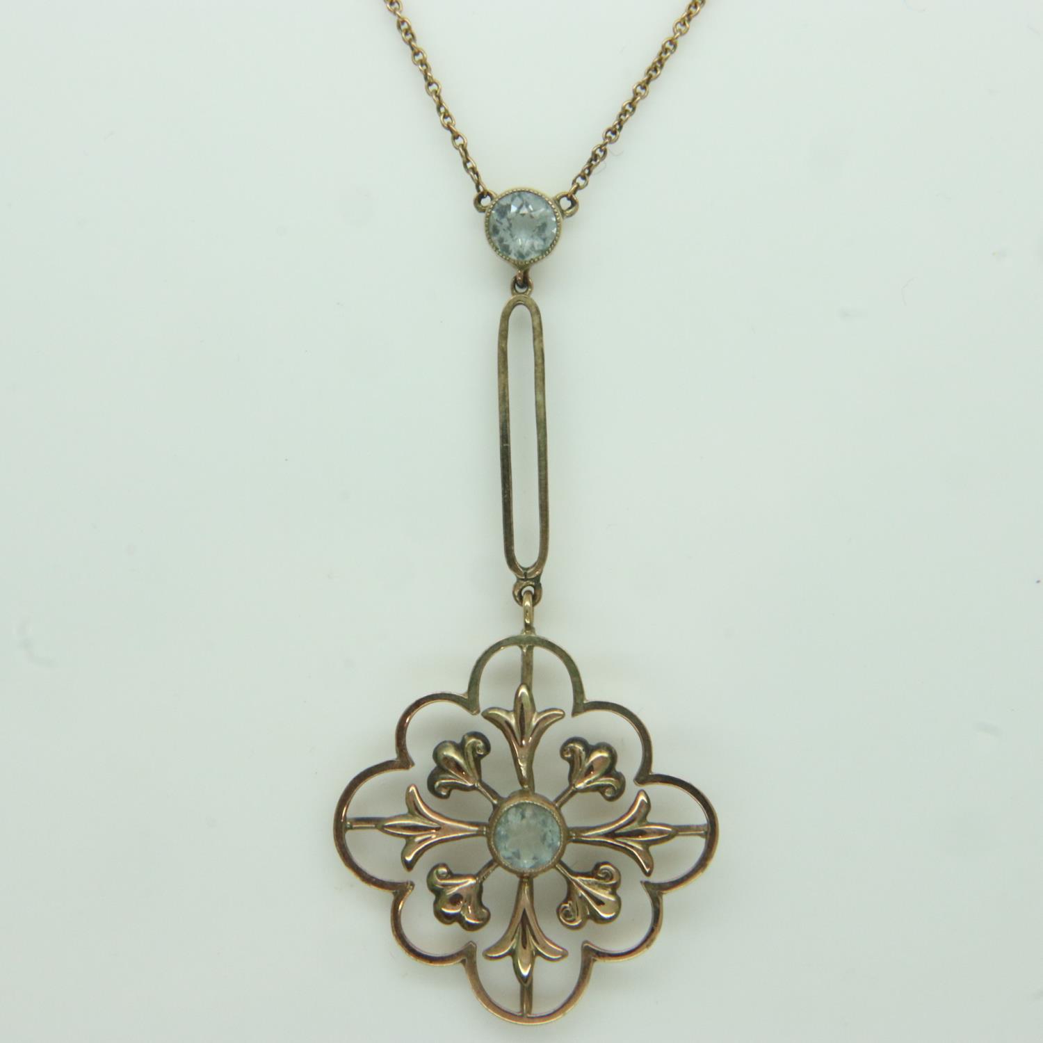 Edwardian rolled gold pendant and chain with blue stones, L: 34 cm, 3.7g. UK P&P Group 0 (£6+VAT for