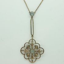 Edwardian rolled gold pendant and chain with blue stones, L: 34 cm, 3.7g. UK P&P Group 0 (£6+VAT for