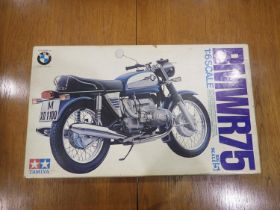 Tamiya 1:6 scale BMW R75 kit BS0605, complete and unstarted, rubber parts in good order, slight
