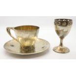 Arts & Crafts 800 silver three piece set, cup, saucer and egg cup, total 102g. Saucer: cleaning