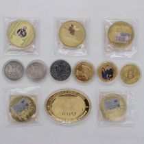 Collection of gold plated commemorative coins and certified medallions to include 3 restrike issues.