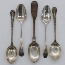 Five assorted hallmarked silver spoons, 73g. UK P&P Group 1 (£16+VAT for the first lot and £2+VAT