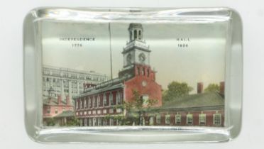 Rectangular glass paperweight for the 1926 Sesqui-Centennial exposition fearing the Independence