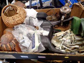 Two boxes of mixed items including dressing table mirror, large black stag ornament etc. Not