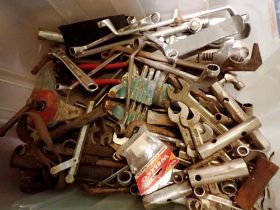 Box of mixed tools to include spanners, vice, etc. Not available for in-house P&P