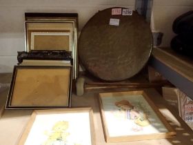 Hammered brass hanging gong, H: 30 cm, with two mallets and mixed small framed pictures, largest