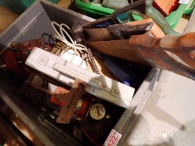Box of mixed tools to include hand saws and bench vice. Not available for in-house P&P