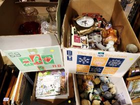 Four boxes of mixed collectables including ornaments, glassware, pictures, and art items and mixed