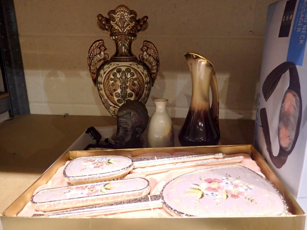 Mixed items to include embroidered dressing table set and German vase. Not available for in-house