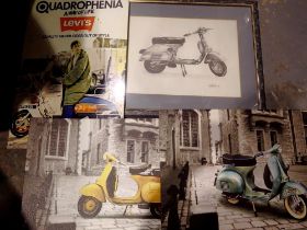 Quadrophenia tin plaque and three scooter prints. Not available for in-house P&P