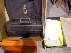 Box with artists materials, includes Smiths art set and overalls. Not available for in-house P&P