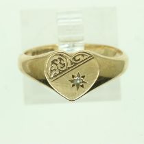 9ct gold diamond set heart shaped signet ring, size N, 2.5g. UK P&P Group 0 (£6+VAT for the first