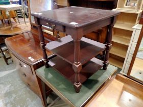 Modern composite veneered coffee table with shelving and a single drawer, H: 55 cm. Not available