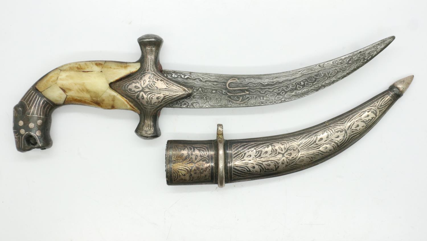 Middle Eastern Jambiya with Damascus blade and silver inlaid scabbard UK P&P Group 1 (£16+VAT for