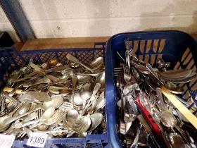 Two boxes of mixed cutlery including silver plate. Not available for in-house P&P