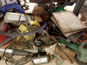 Shelf of mixed electric tools and lights. Not available for in-house P&P