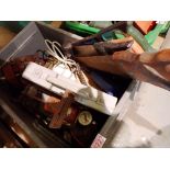 Box of mixed tools to include hand saws and bench vice. Not available for in-house P&P