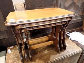 Nest of three teak tables, largest 60 x 40cm H. Not available for in-house P&P