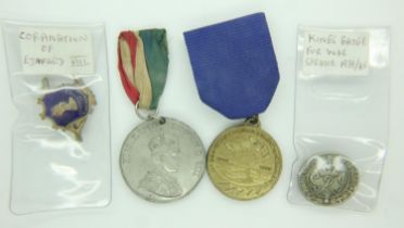 Edward VIII commemorative medal and enamelled badge, a further medal and a WWII War Service