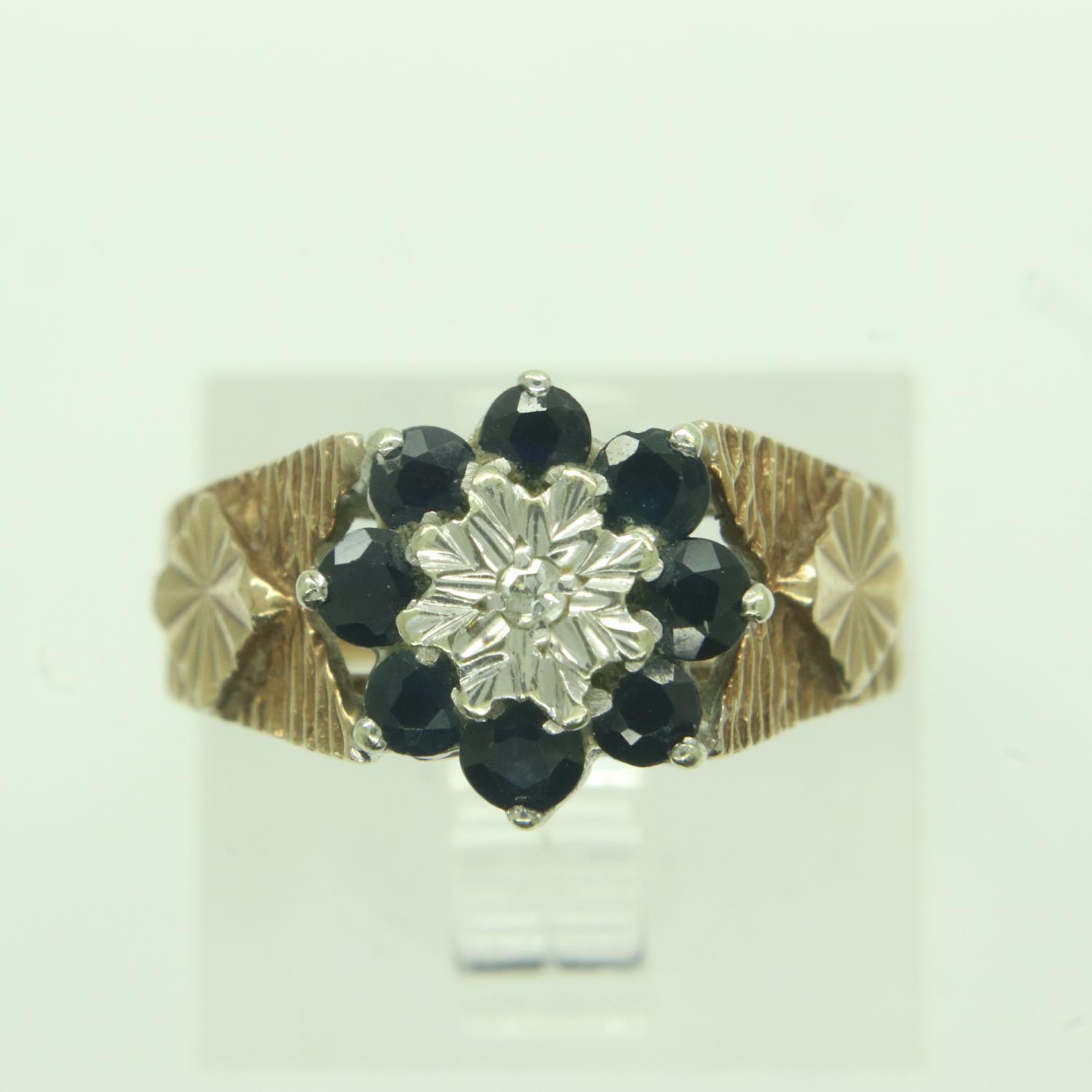 9ct gold ring set with diamonds and sapphires, size J, 3.6g. UK P&P Group 0 (£6+VAT for the first