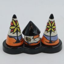 Lorna Bailey Old Ellgreave Pottery cruet set in the Beach pattern, no cracks or chips, L 14 cm. UK