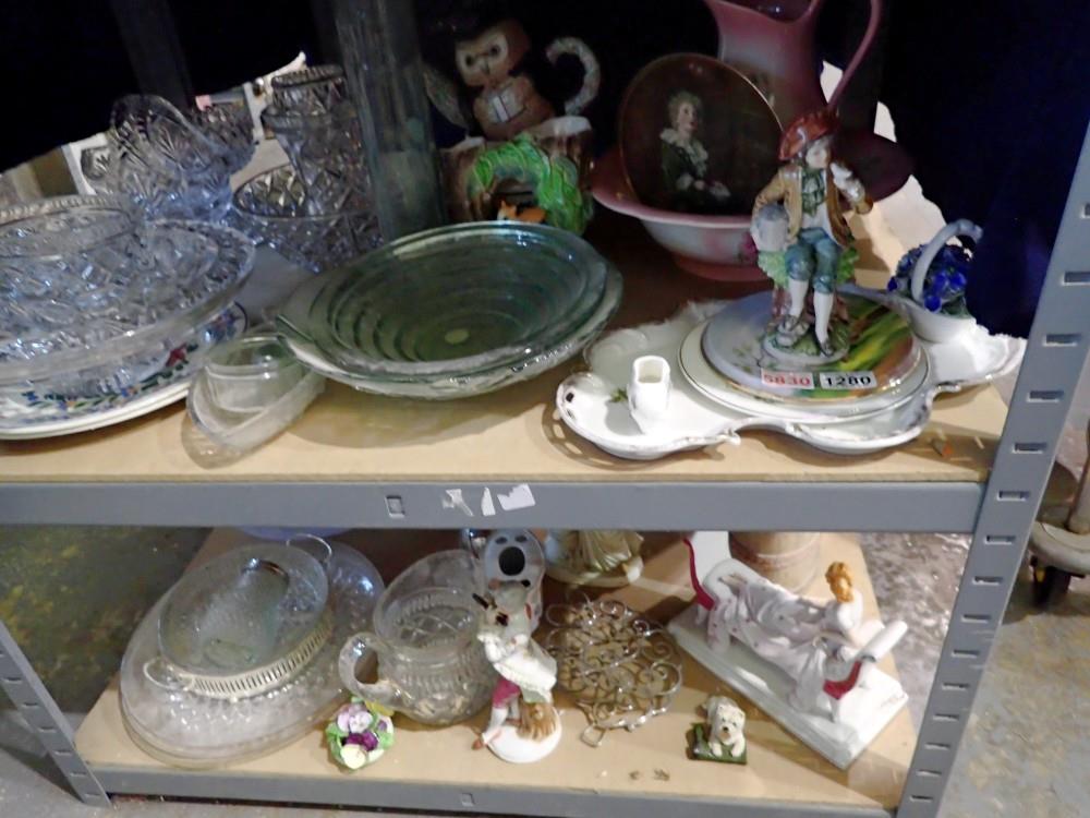 Two shelves of mixed glassware and ceramics. Not available for in-house P&P