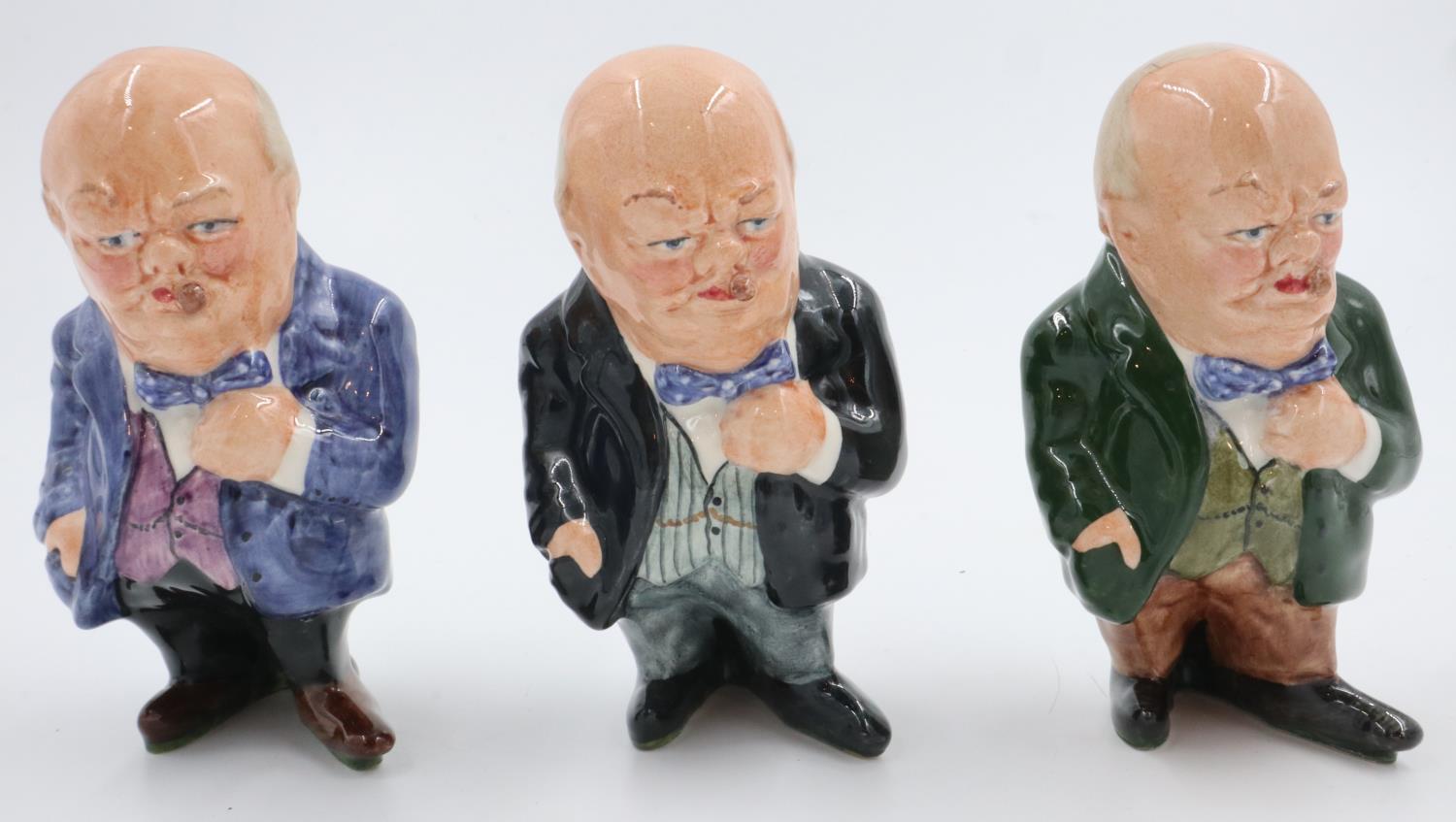 Three Winston Churchill figurines in different colourways, no cracks or chips, H: 13 cm. UK P&P