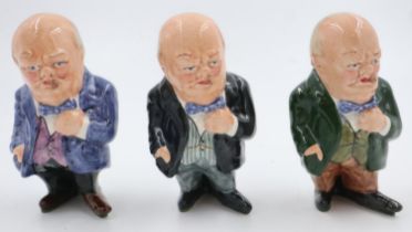 Three Winston Churchill figurines in different colourways, no cracks or chips, H: 13 cm. UK P&P