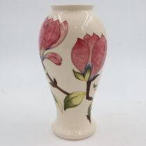 Large white ground Moorcroft vase in the Magnolia pattern, no cracks or chips, H: 31 cm. UK P&P