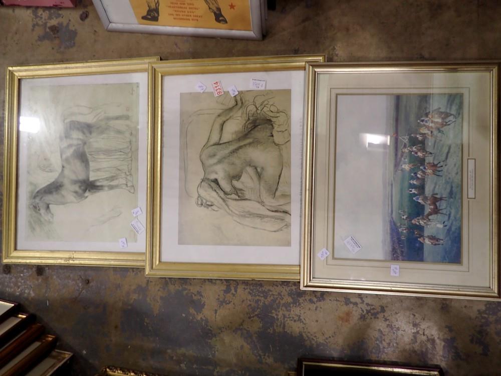 Pair of framed and glazed prints and another. Not available for in-house P&P