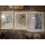 Pair of framed and glazed prints and another. Not available for in-house P&P