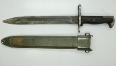 WWII US M1 Garand Bayonet. Maker A.F.H (American Fork & Hoe) in M7 Scabbard. The metal tip was added