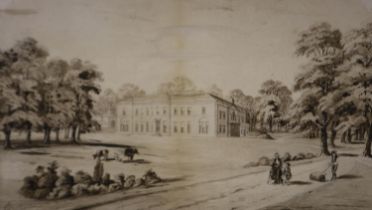 James Croston (1890 - 1893): pencil sketch with watercolour wash, a northern hall or stately home (