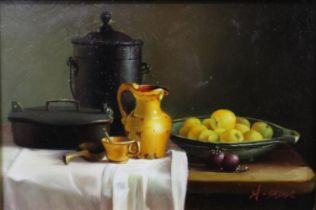 H Stone (20th century): oil on board panel, still life with fruit, 16 x 11 cm. UK P&P Group 3 (£30+
