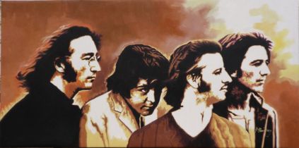 K Barbey (contemporary): large oil on canvas, portrait of The Beatles, 122 x 61 cm. Not available