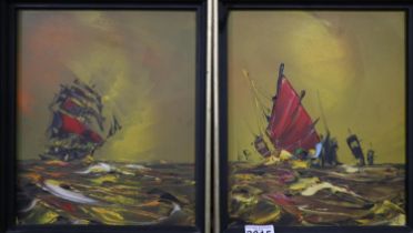 George Richard Deakins (1911-1981): a pair of impasto oils on board, masted ships at sea, each 24