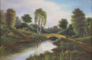 Early 20th century English school oil on canvas, bridge over a river, indistinctly signed, 60 x 40