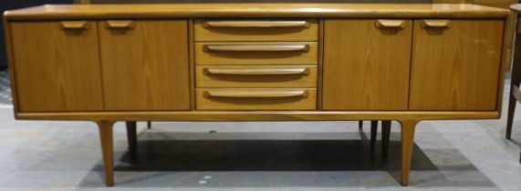 Younger mid 20th century sideboard of four drawers and four cupboard doors, 214 x 46 x 80 cm H.