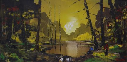 George Richard Deakins (1911-1981): impasto oil on board, figural lakeside scene, 79 x 39 cm. UK P&P